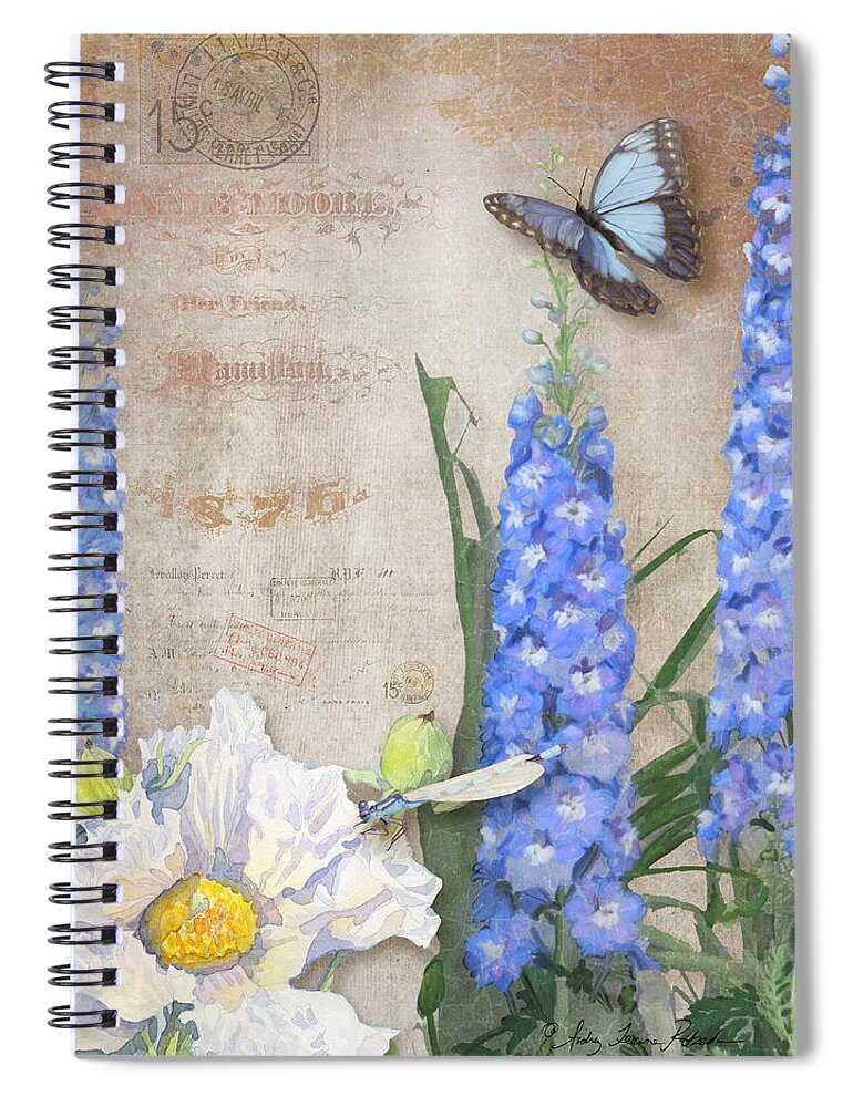 Matilija Poppy Spiral Notebook featuring the painting Dancing in the Wind - Damselfly n Morpho Butterfly w Delphinium by Audrey Jeanne Roberts