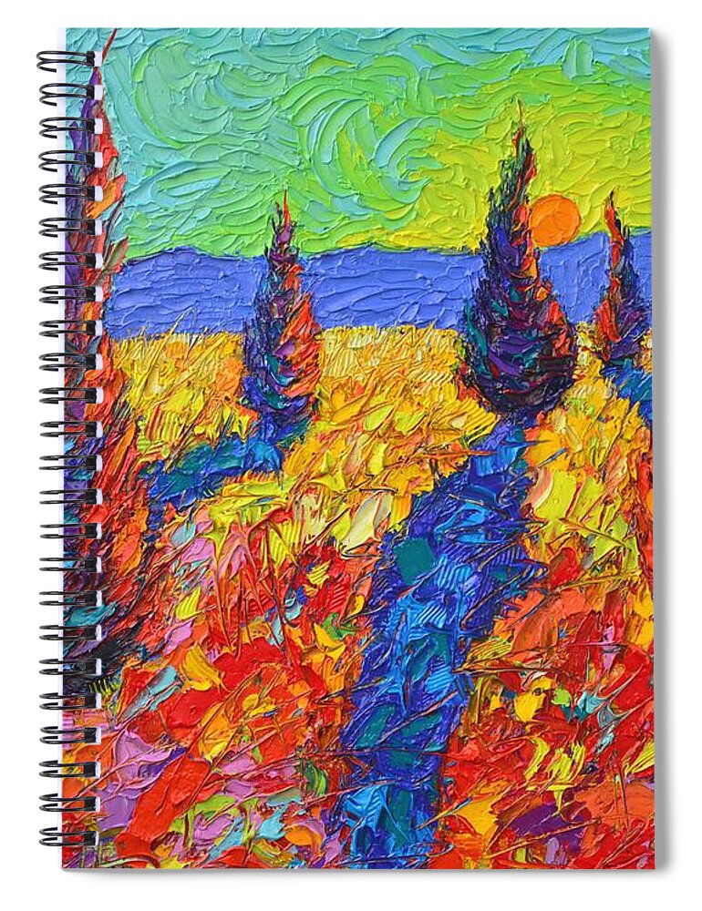 Trees Spiral Notebook featuring the painting Dancing Trees Sunrise Abstract Landscape Impressionist Palette Knife Painting By Ana Maria Edulescu by Ana Maria Edulescu