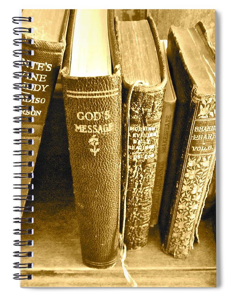 Photograph Of Old Books Spiral Notebook featuring the photograph Dante God and Shakespeare ... by Gwyn Newcombe