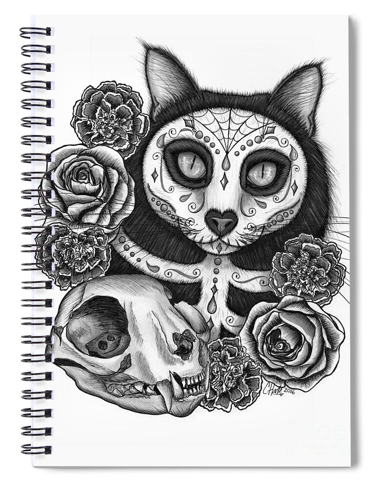 Dia De Los Muertos Gato Spiral Notebook featuring the drawing Day of the Dead Cat Skull - Sugar Skull Cat by Carrie Hawks