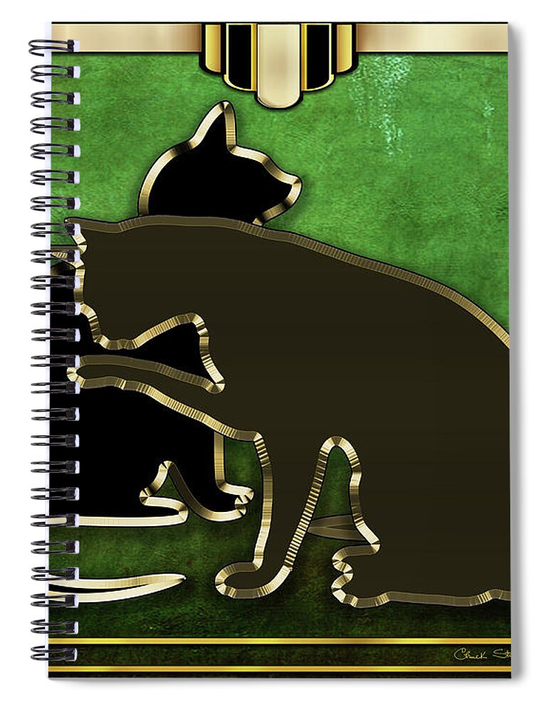 Cats Spiral Notebook featuring the digital art Deco Cats - Emerald by Chuck Staley