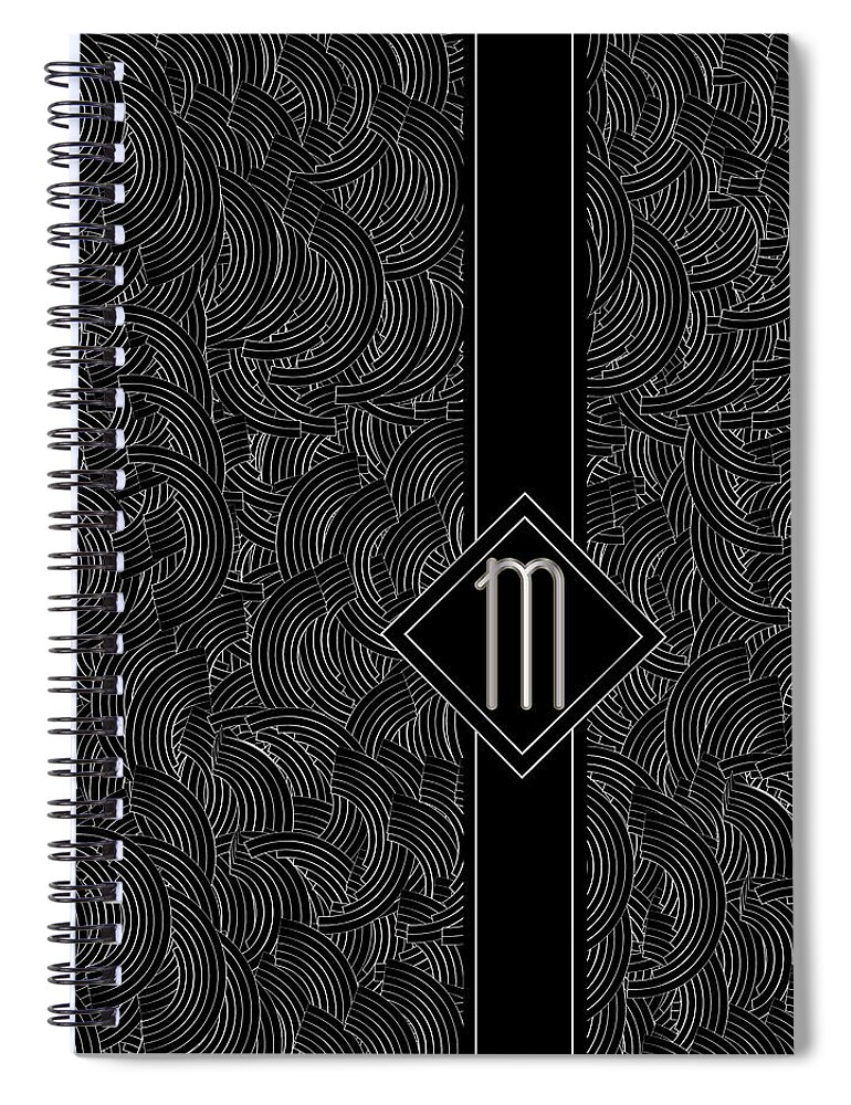 Monogram Spiral Notebook featuring the digital art Deco Jazz Swing Monogram ...letter M by Cecely Bloom
