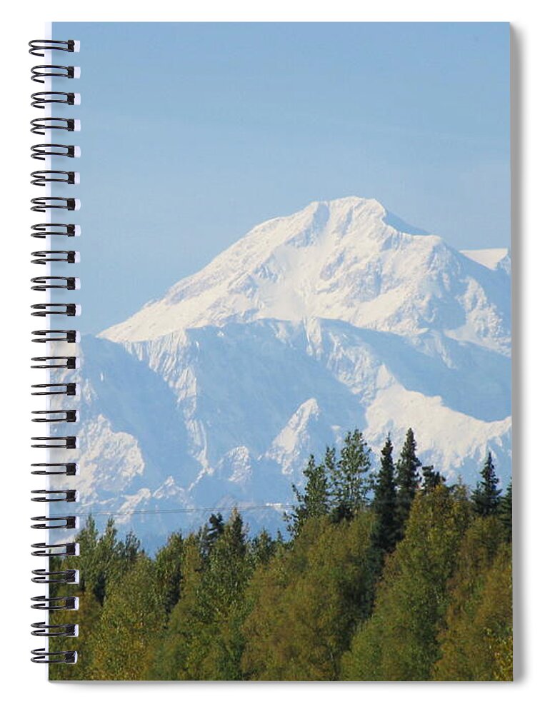 Denali Spiral Notebook featuring the photograph Denali framed by trees by Anthony Trillo