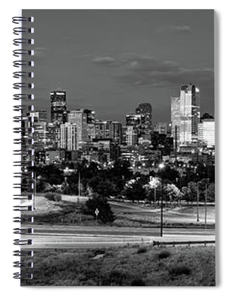 America Spiral Notebook featuring the photograph Denver Colorado Skyline Panorama Over the Speer Boulevard Bridge - Black and White by Gregory Ballos