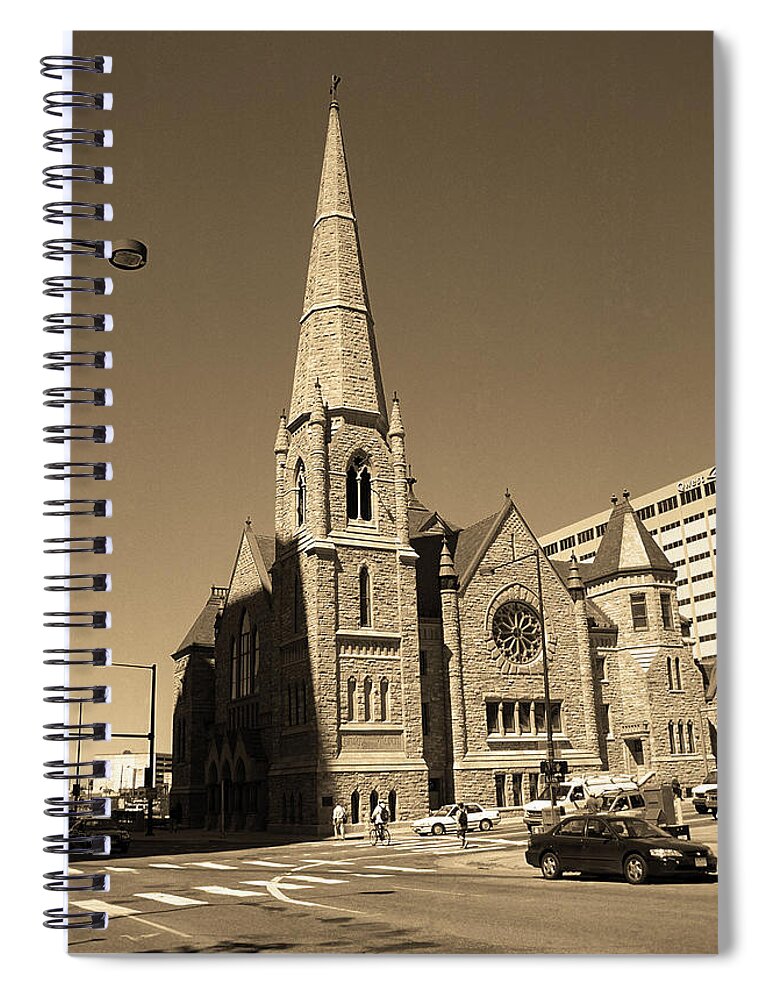 16th Spiral Notebook featuring the photograph Denver Downtown Church Sepia by Frank Romeo