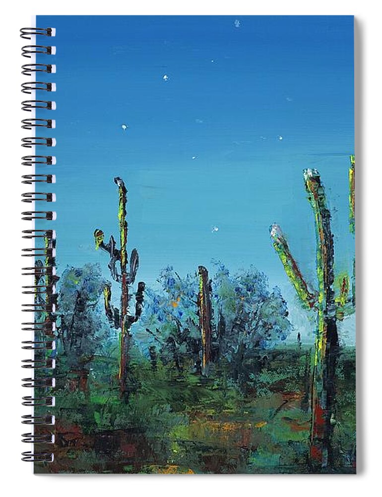 Desert Saguaro Catus In Bloom Spiral Notebook featuring the painting Desert Blue by Frances Marino