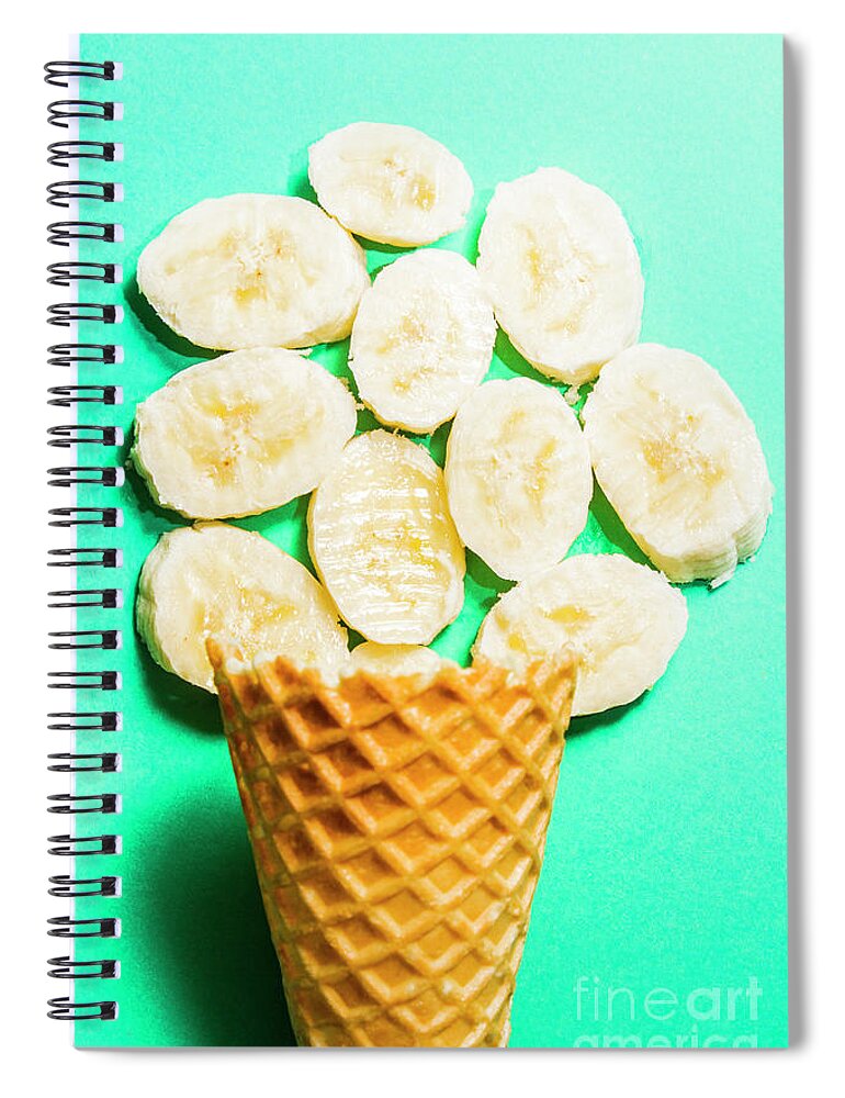 Banana Spiral Notebook featuring the photograph Dessert concept of ice-cream cone and banana slices by Jorgo Photography