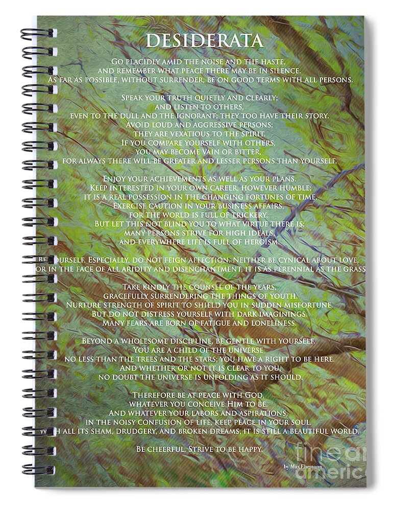 Flandscape Spiral Notebook featuring the digital art Desiderata poem over an original artwork by Claudia Ellis by Claudia Ellis