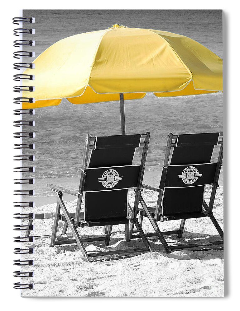 Destin Spiral Notebook featuring the photograph Destin Florida Beach Chairs and Yellow Umbrella Square Format Color Splash Black and White by Shawn O'Brien