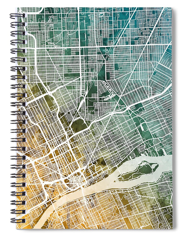Detroit Spiral Notebook featuring the digital art Detroit Michigan City Map by Michael Tompsett