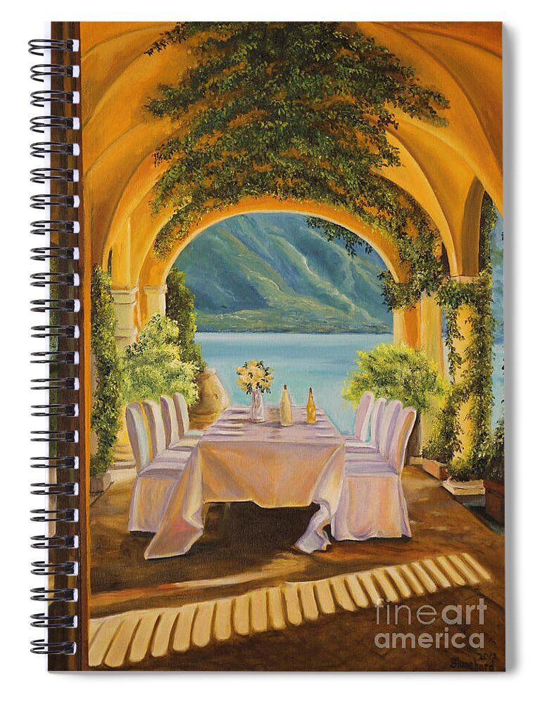 Lake Como Artwork Spiral Notebook featuring the painting Dining on Lake Como by Charlotte Blanchard