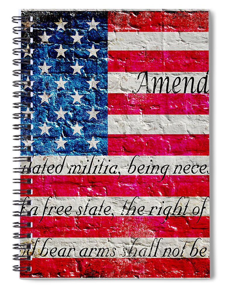 American Flag Spiral Notebook featuring the digital art Distressed American Flag And Second Amendment On White Bricks Wall by M L C