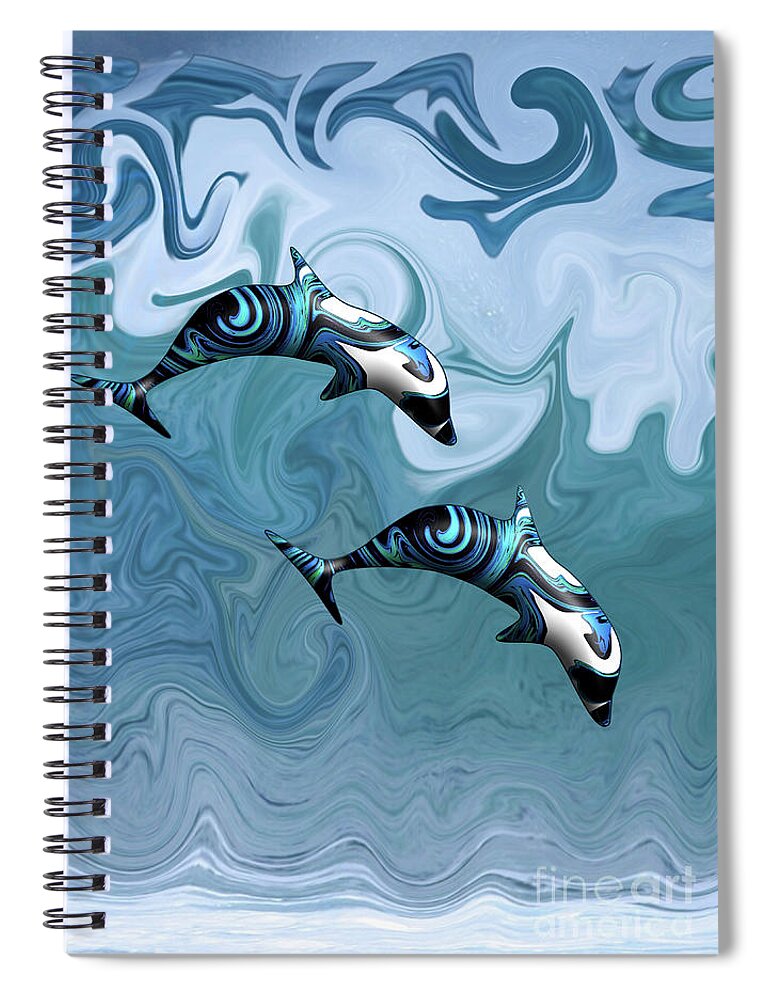 Dolphins Spiral Notebook featuring the digital art Psychedelic Dolphins Surfing in the Waves by Barefoot Bodeez Art