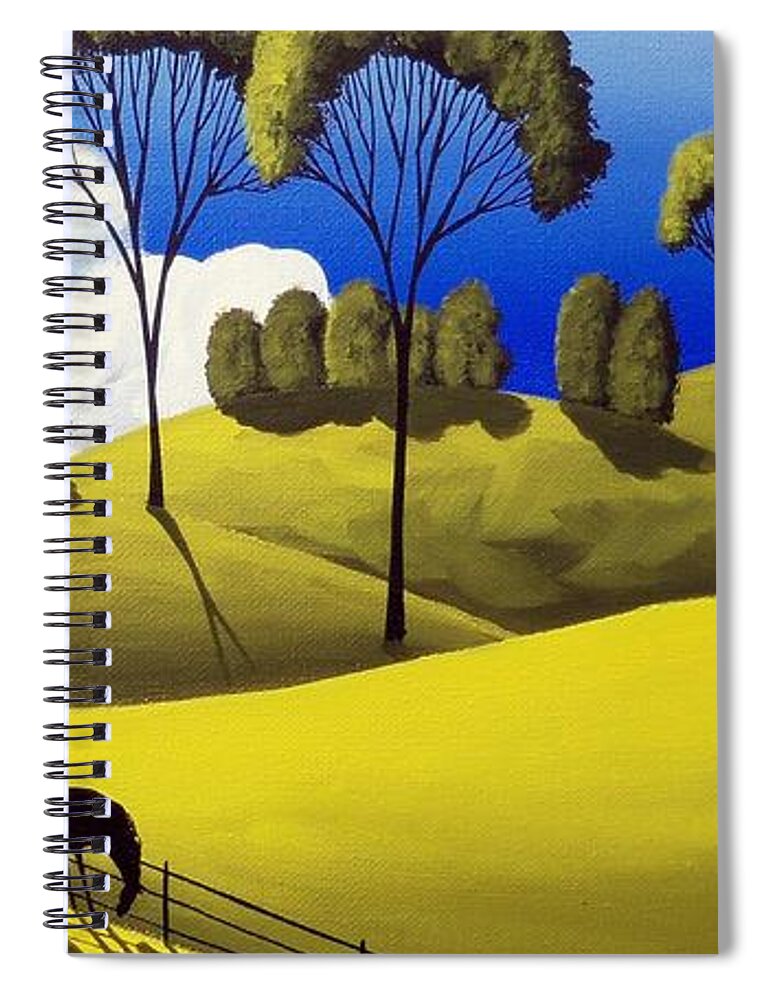 Art Spiral Notebook featuring the painting Downhill graze - folk art landscape by Debbie Criswell