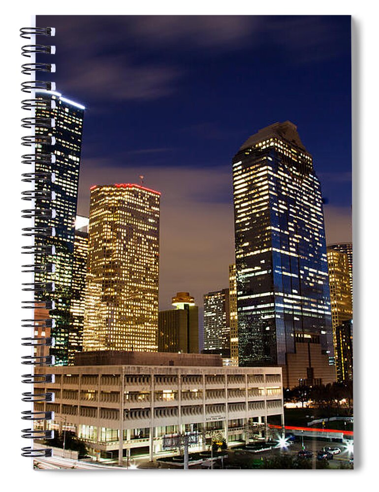 Downtown Spiral Notebook featuring the photograph Downtown Houston at night by Olivier Steiner