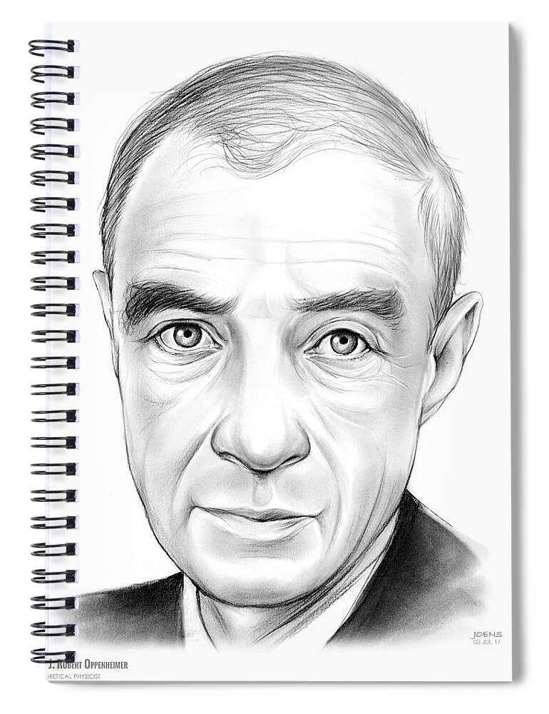Oppenheimer Spiral Notebook featuring the drawing Dr. J. Robert Oppenheimer by Greg Joens