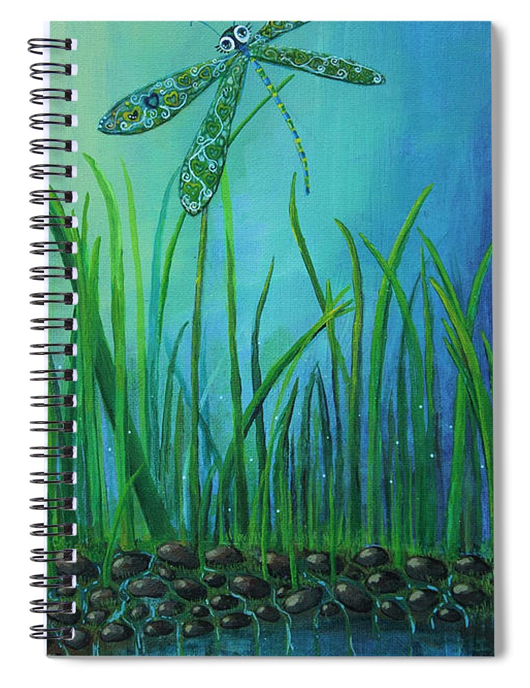 Dragon Fly Spiral Notebook featuring the painting Dragonfly at the Bay by Mindy Huntress