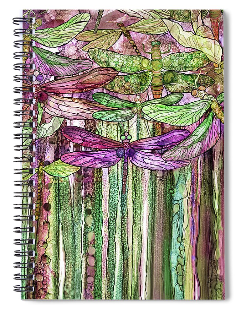 Carol Cavalaris Spiral Notebook featuring the mixed media Dragonfly Bloomies 2 - Pink by Carol Cavalaris