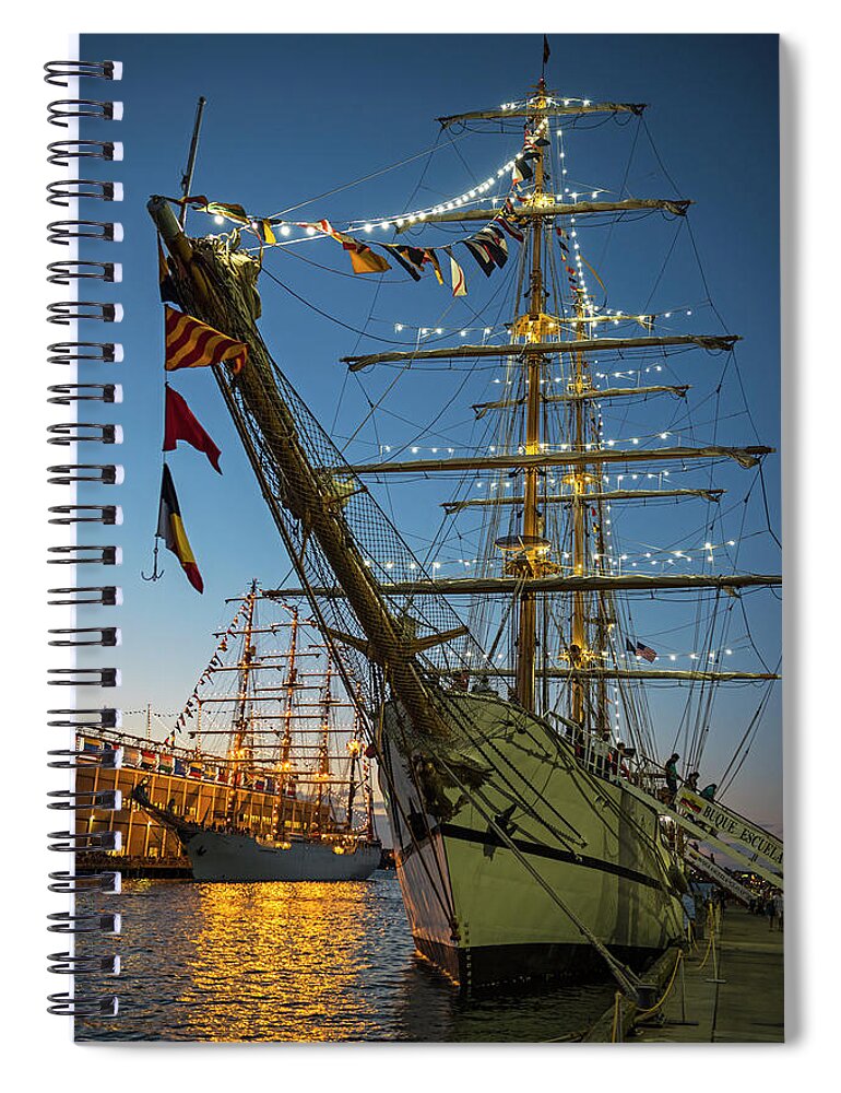 Boston Spiral Notebook featuring the photograph Dual Boston Tall Ships at Night Boston MA by Toby McGuire