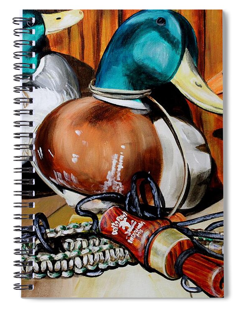 Duck Calls Spiral Notebook featuring the painting Duck Decoys and Call Still Life by Karl Wagner