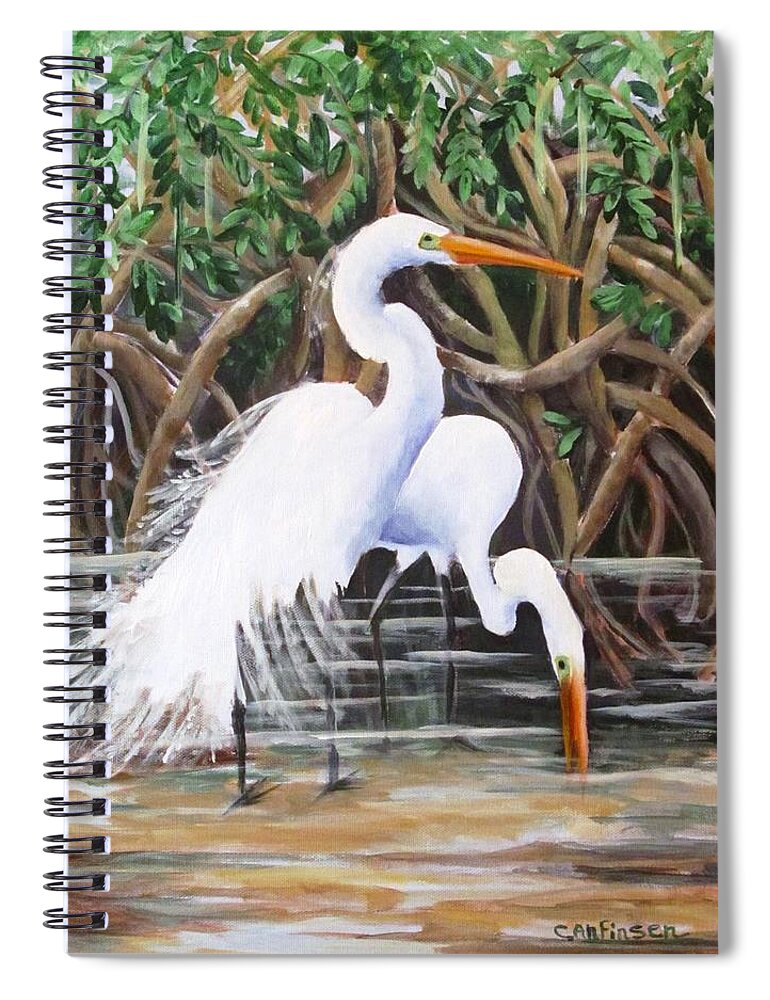 Egrets Spiral Notebook featuring the painting Egrets and Mangroves by Carol Allen Anfinsen