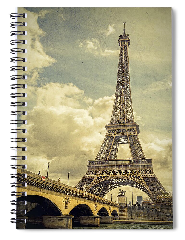 Joan Carroll Spiral Notebook featuring the photograph Eiffel Tower and Pont D'lena Vintage by Joan Carroll