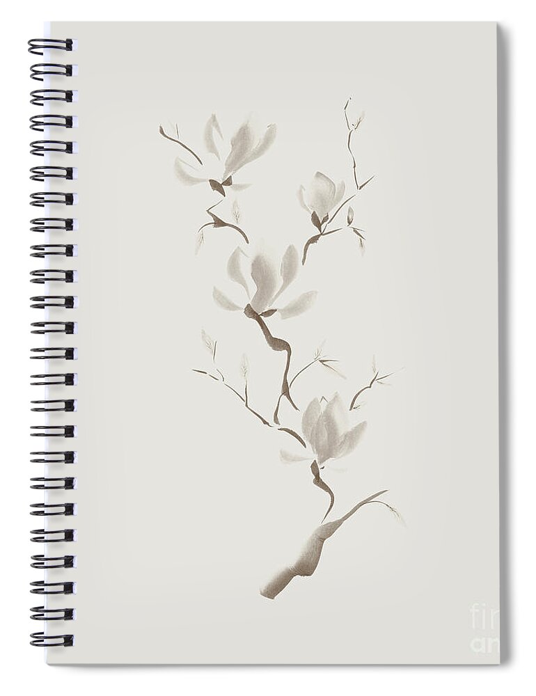 Flower Spiral Notebook featuring the mixed media Elegant branch of magnolia flowers artistic design on light ivor by Awen Fine Art Prints