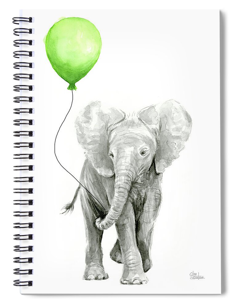 Elephant Spiral Notebook featuring the painting Elephant Watercolor Green Balloon Kids Room Art by Olga Shvartsur