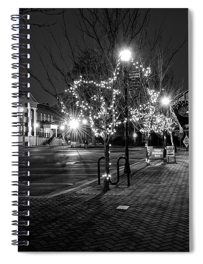 Ellijay Spiral Notebook featuring the photograph Ellijay Sidewalk At Night In Black And White by Greg and Chrystal Mimbs