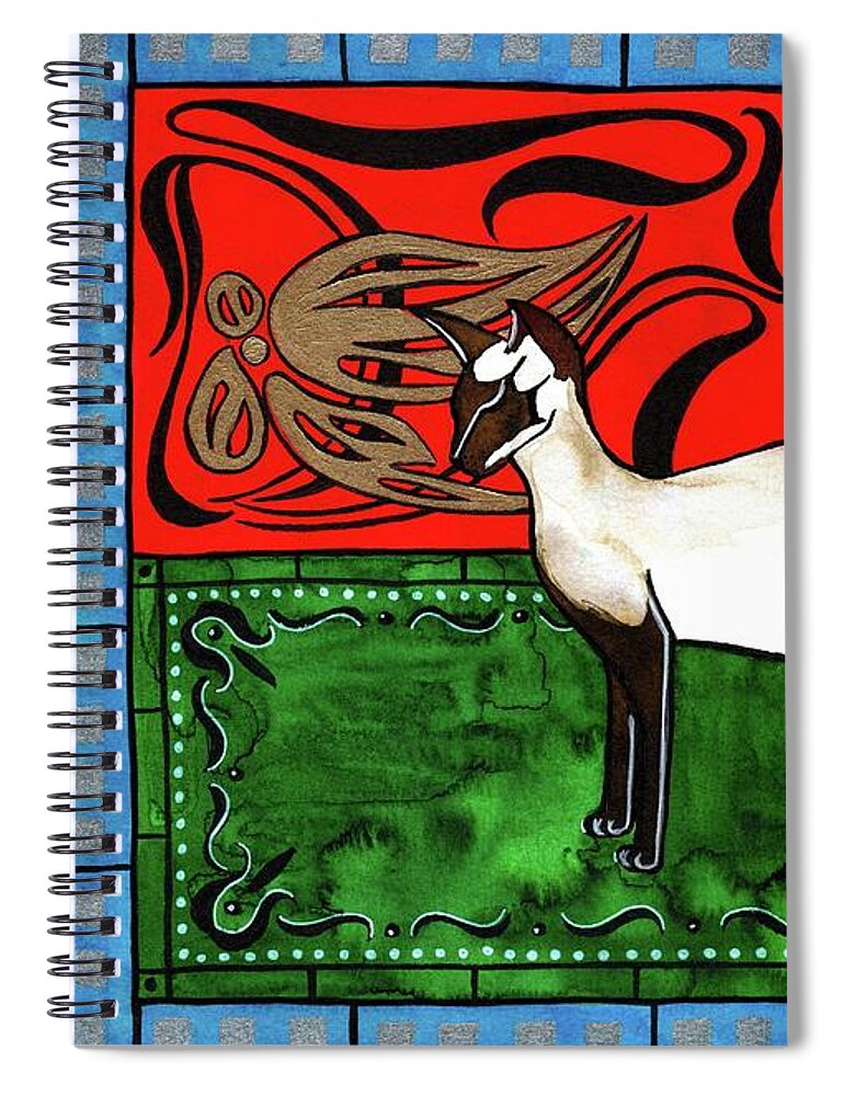 Emerald Meets Siamese Spiral Notebook featuring the painting Emerald Meets Siamese by Dora Hathazi Mendes