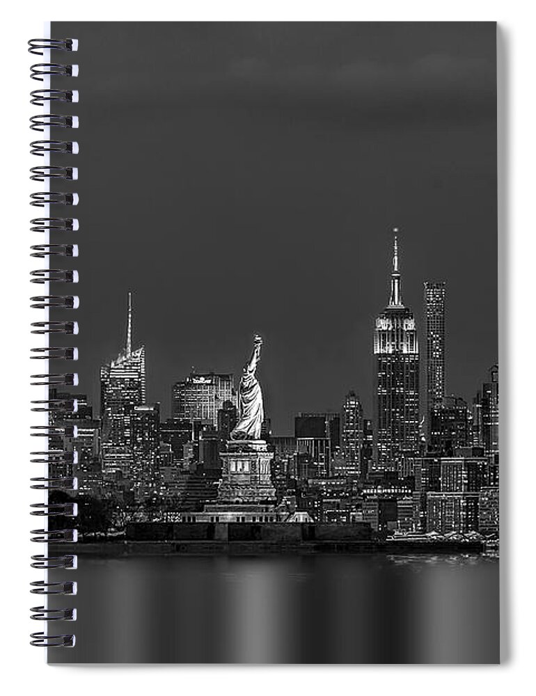 Statue Of Liberty Spiral Notebook featuring the photograph Empire State And Statue Of Liberty BW by Susan Candelario