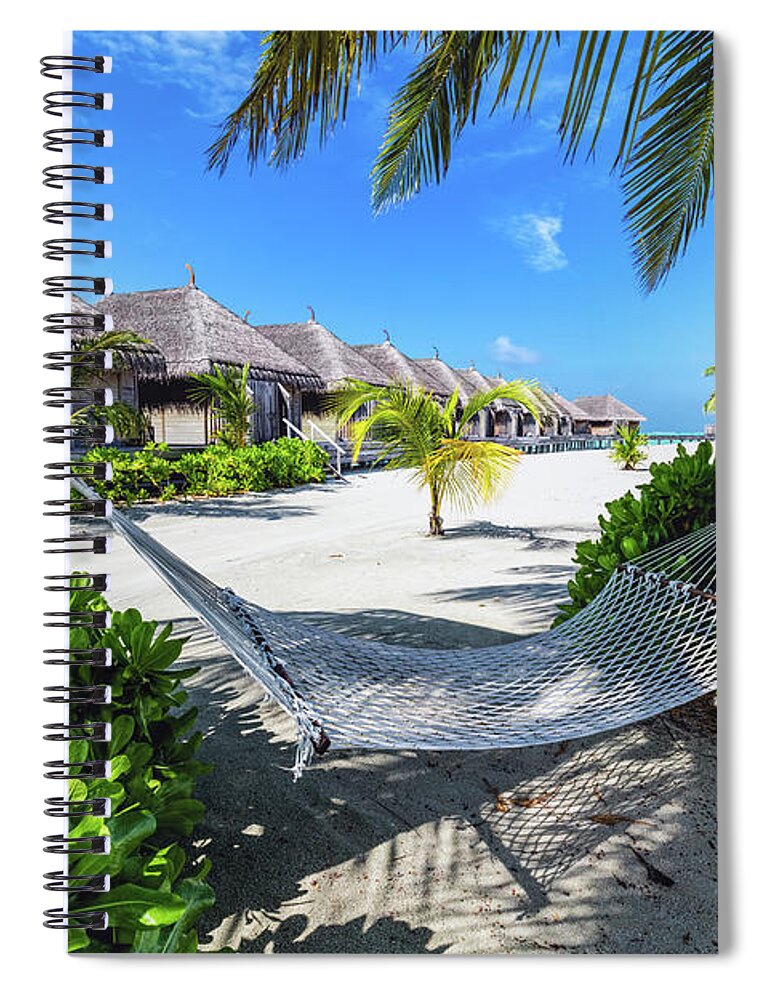 Sea Spiral Notebook featuring the photograph Empty hammock hanging between two palm trees. Maldives by Michal Bednarek