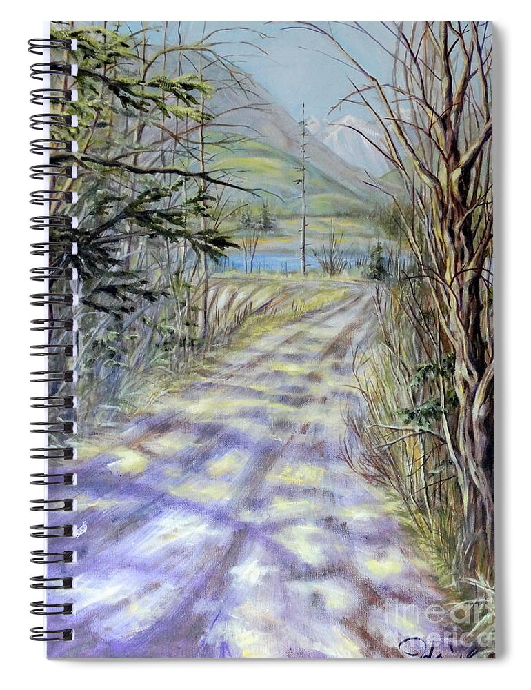 Estuary Sky Water Trees Bushes Branches Evergreens Mountains Road Path Landscape River Grasses Yellow Brown Green Blue White Purple Orange Sunlight Shade Shadows Spiral Notebook featuring the painting End Of Winter by Ida Eriksen
