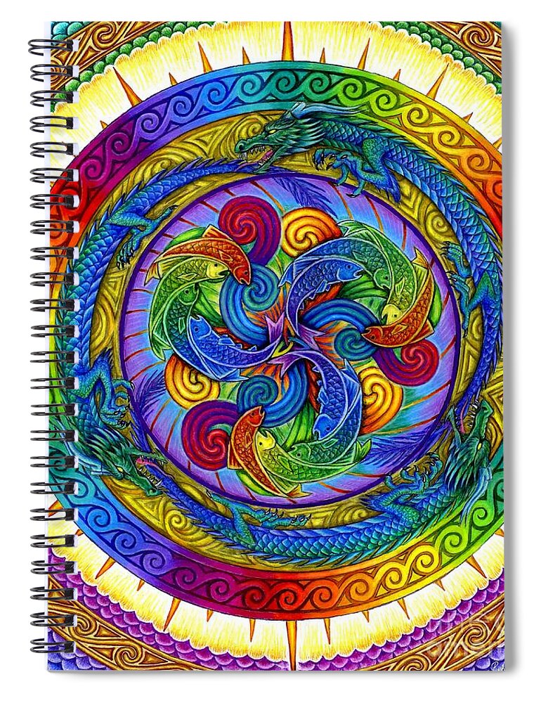 Dragon Spiral Notebook featuring the drawing Psychedelic Dragons Rainbow Mandala by Rebecca Wang