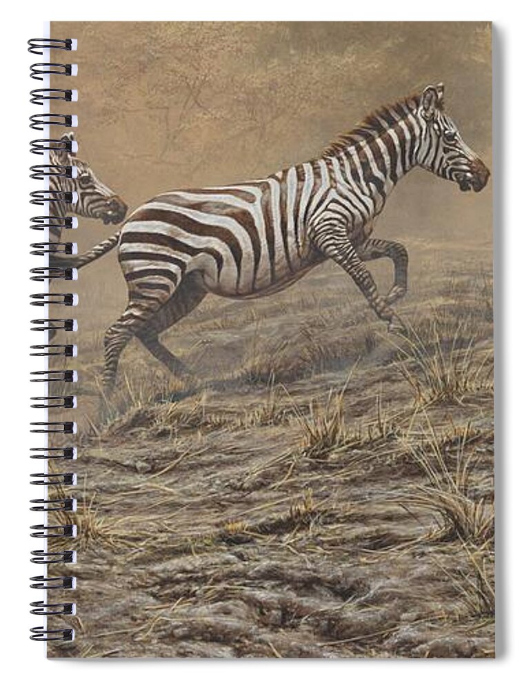 Wildlife Paintings Spiral Notebook featuring the painting Escape Route - Zebras by Alan M Hunt