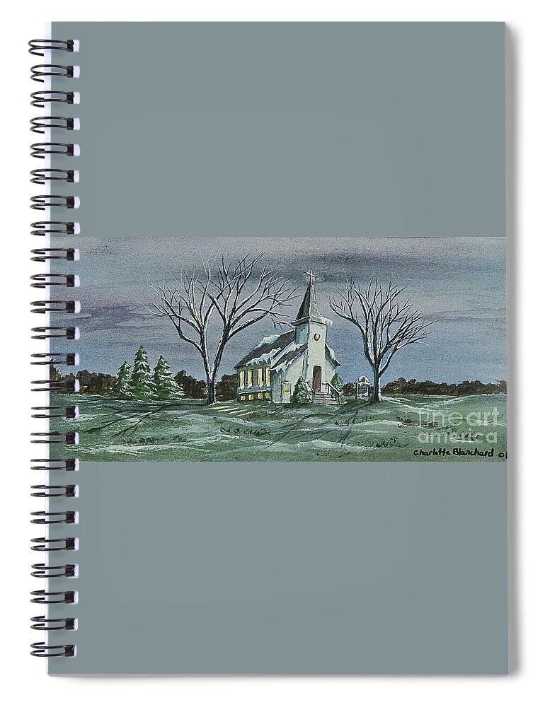 Country Church Painting Spiral Notebook featuring the painting Evening Worship In Winter by Charlotte Blanchard