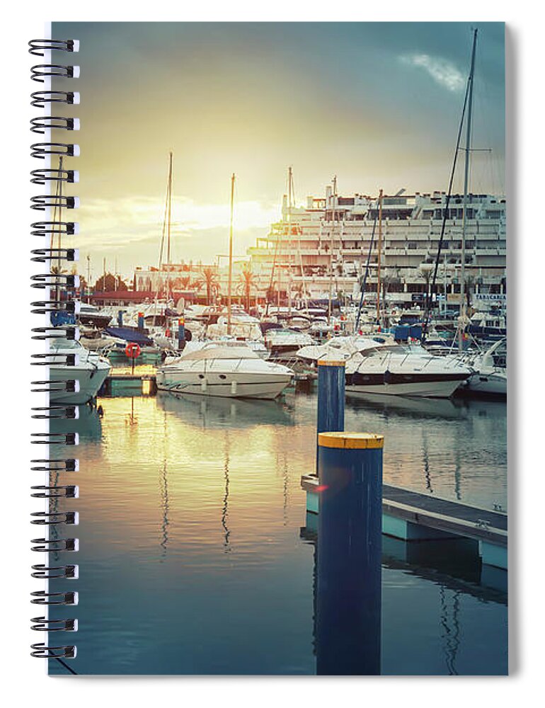Dock Spiral Notebook featuring the photograph evening yacht harbor , marine of Algarve by Ariadna De Raadt