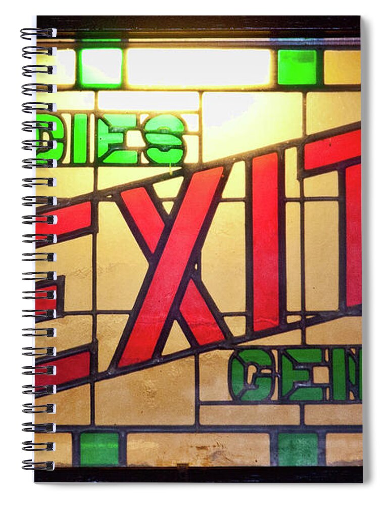 Stained Glass Spiral Notebook featuring the photograph EXIT - LADIES/GENTS art deco sign by Tatiana Travelways
