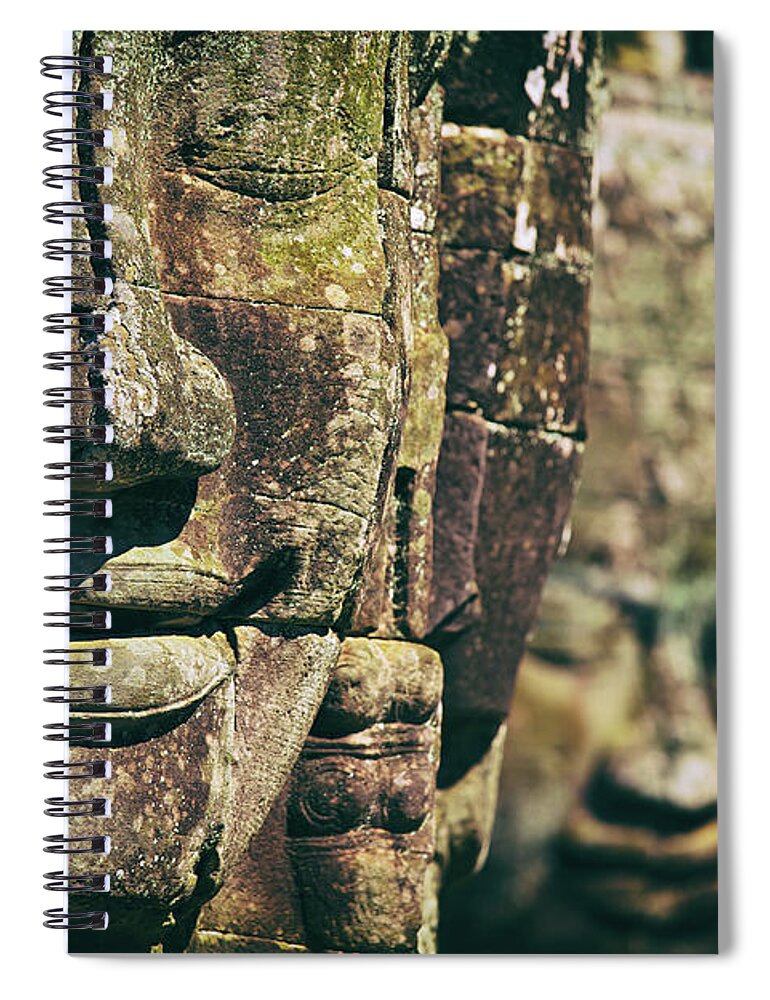 Angkor Wat Spiral Notebook featuring the photograph Faces of Bayon Temple in Angkor Thom, Angkor Wat Temple Complex, Cambodia by Sam Antonio