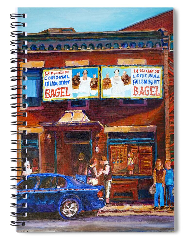 Fairmount Bagel Spiral Notebook featuring the painting Fairmount Bagel With Blue Car by Carole Spandau