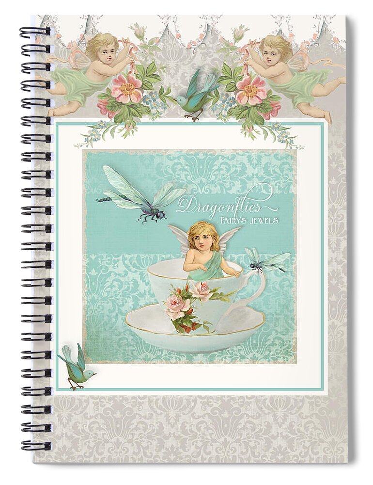 Vintage Spiral Notebook featuring the painting Fairy Teacups - Vintage Modern Baby Room Decor by Audrey Jeanne Roberts