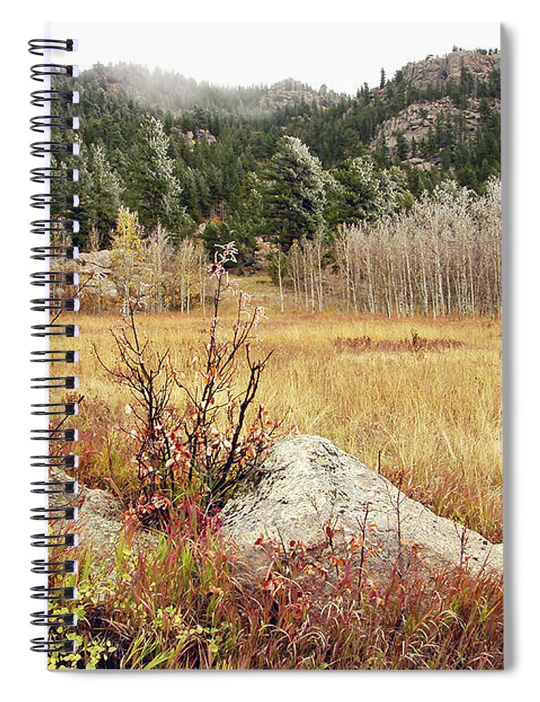 Fall Yellow Weeds Red Oak Frost Fog Pine Trees Rocks Field Trails Mountaion Peak Deer Elk Moose Sheep Spiral Notebook featuring the photograph Falls Last Days by James Steele