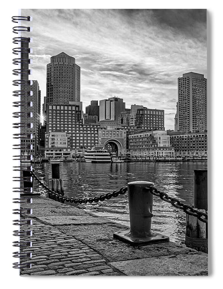 Boston Spiral Notebook featuring the photograph Fan Pier Boston Harbor BW by Susan Candelario