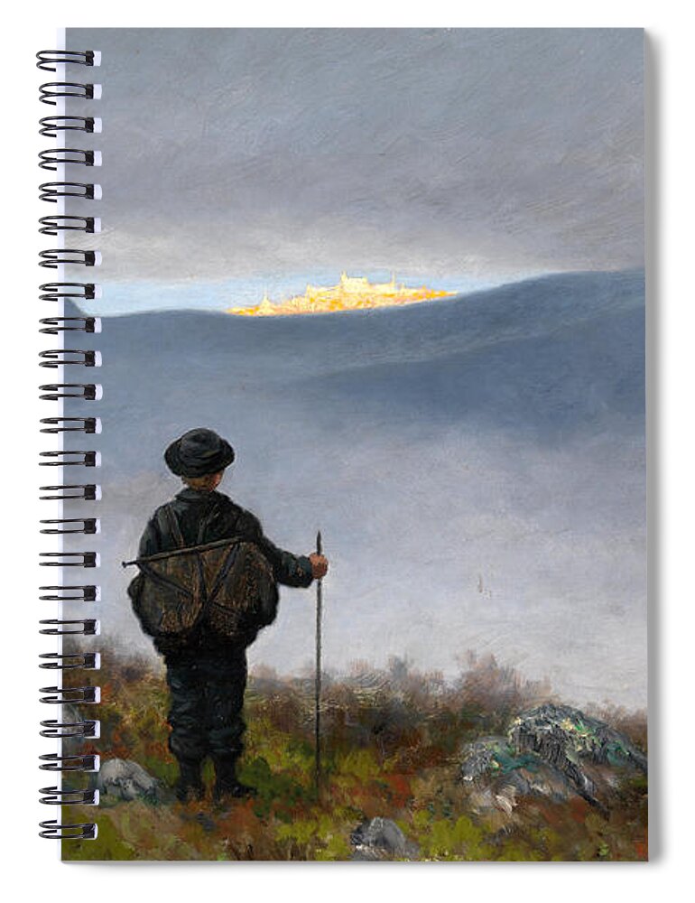 Theodor Kittelsen Spiral Notebook featuring the painting Far far away Soria Moria Palace shimmered like Gold by Theodor Kittelsen