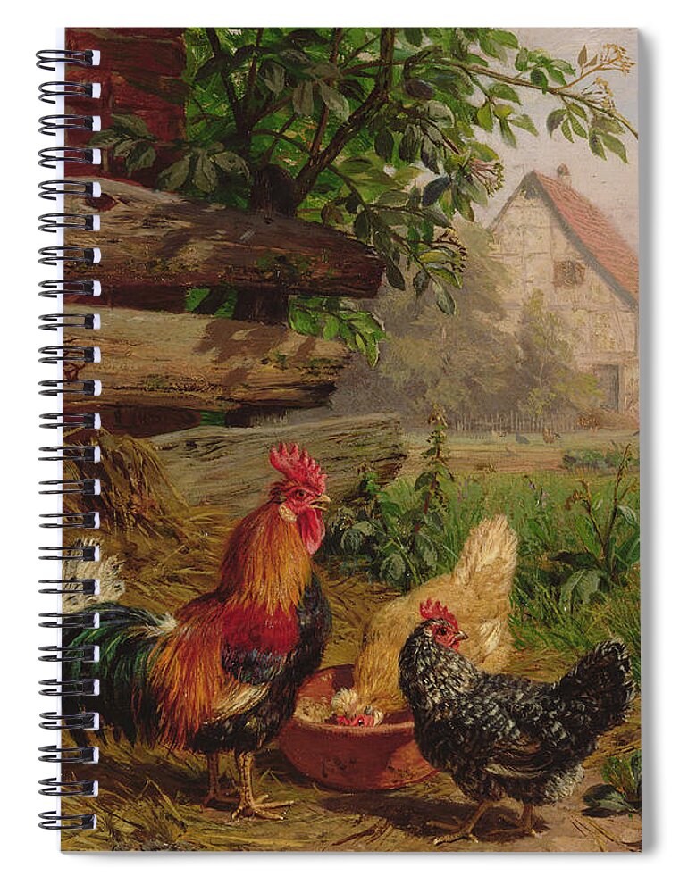 Chicken Spiral Notebook featuring the painting Farmyard Chickens by Carl Jutz
