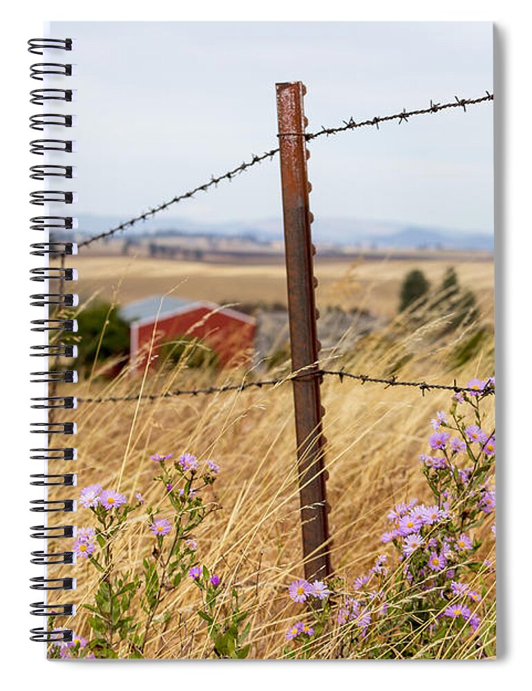 Wild Flowers Fence Line Barbwire Weeds Farm Rusty Metal Post Spiral Notebook featuring the photograph Fence Line Flowers by Brad Stinson