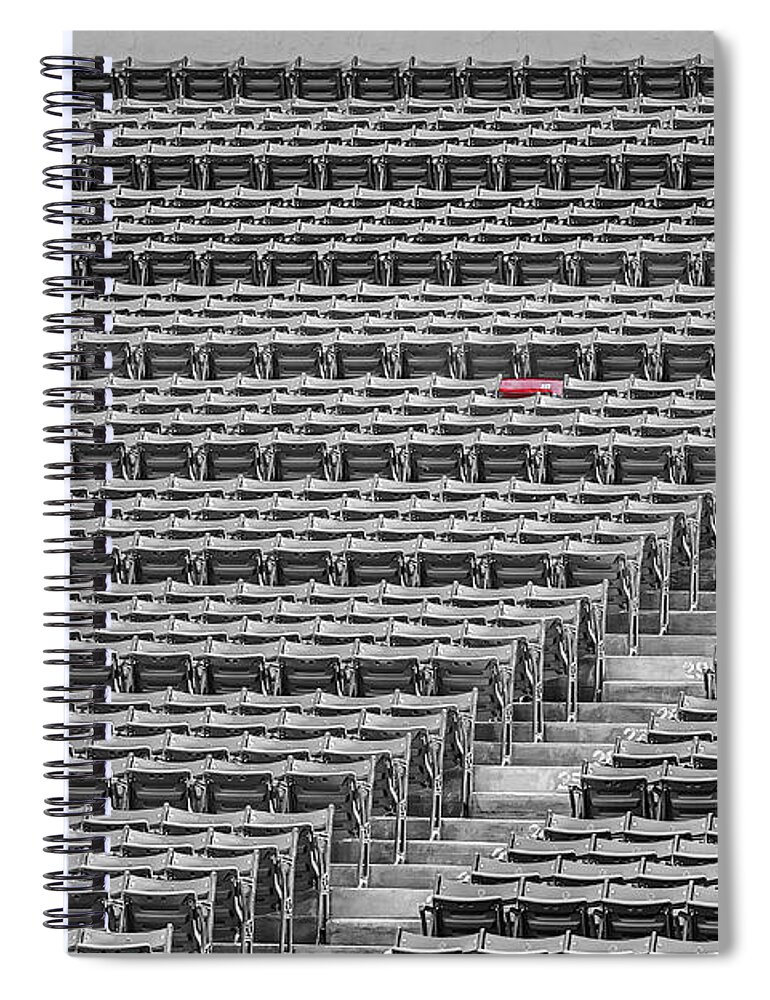 #21 Spiral Notebook featuring the photograph Fenway Park Red Chair Number 21 BW by Susan Candelario