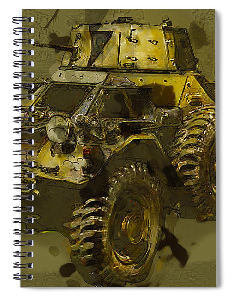 Army Spiral Notebook featuring the mixed media Ferret Scout Car by Roy Pedersen