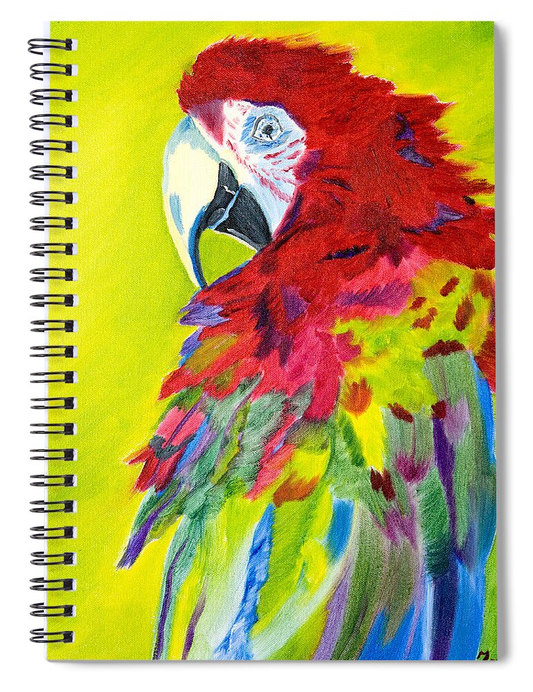 Red Parrot Spiral Notebook featuring the painting Fiery Feathers by Meryl Goudey