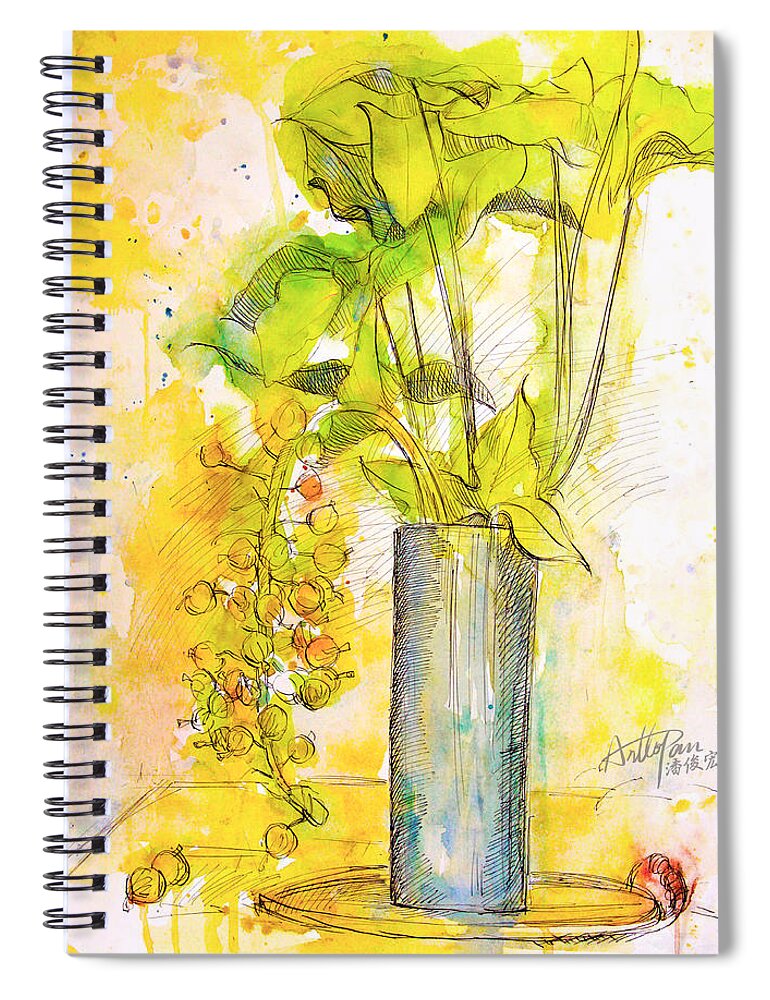 Fig Spiral Notebook featuring the painting Fig Flower leaves- ArtToPan -still life watercolor color sketch by Artto Pan